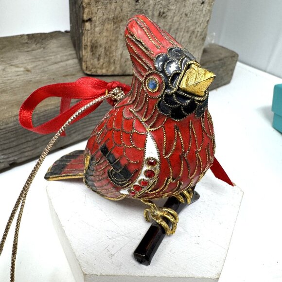 Vintage Red  Cloisonné Enamel Jeweled Cardinal Ornament Gold Trim - Picture 6 of 8